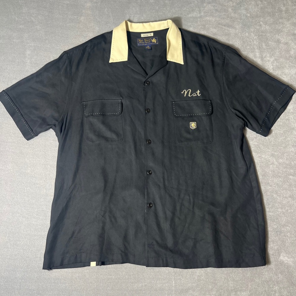 Nat Nast Luxury Originals 100% Silk Bowling Shirt Black Cream Vintage Fit XXL